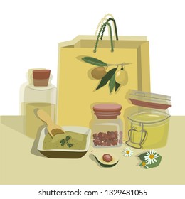 Design for cosmetics, make up, store, beauty salon, natural and organic products. Cosmetic, perfumery and medical plant, essential oil. Vector flat Illustration on white background.