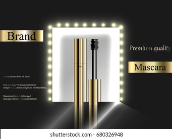 Design cosmetics, mascara on dark background with gold near the mirror reflection, luxury, quality, premium, realistic 3D vector, advertisement, banner, 