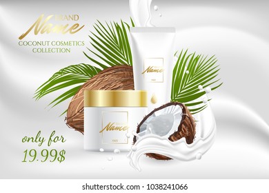 Design cosmetics product advertising for catalog, magazine. Mock up of cosmetic package. Moisturizing cream, gel, milk body lotion with coconut oil.