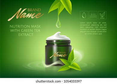 Design cosmetics product advertising for catalog, magazine. Vector design of cosmetic package.Moisturizing cream, gel, body lotion with green tea extract . Vector illustration with isolated objects