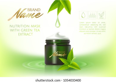 Design cosmetics product advertising for catalog, magazine. Vector design of cosmetic package.Moisturizing cream, gel, body lotion with green tea extract . Vector illustration with isolated objects