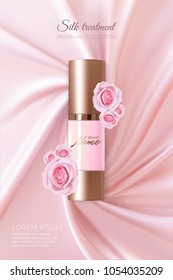 Design cosmetics product advertising for catalog, magazine.Vector design of cosmetic package. Perfume advertising poster.Moisturizing toner, cream, gel, body lotion with rose extract .