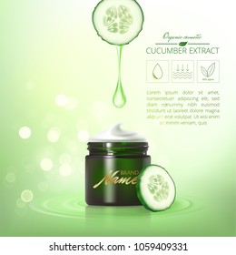 Design cosmetics product advertising for catalog, magazine. Design of cosmetic package. Bokeh background. Toner, cream, mask, gel, body lotion with cucumber extract.