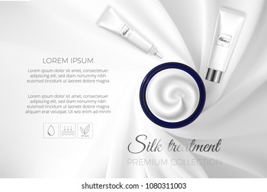 Design cosmetics product advertising for catalog, magazine.Vector design of cosmetic package. Advertising of tonal cream, concealer, base. Nutritious cream, gel, body lotion with protein of silk.