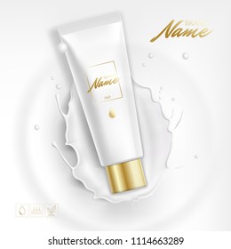 Design cosmetics product advertising for catalog, magazine. Mock up of cosmetic package. Moisturizing cream, gel, milk body lotion with milk. Milk splash