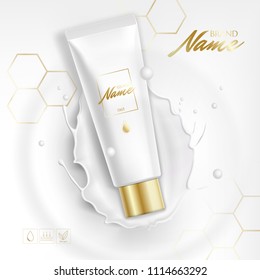 Design Cosmetics Product Advertising For Catalog, Magazine. Mock Up Of Cosmetic Package. Moisturizing Cream, Gel, Milk Body Lotion With Milk. Milk Splash