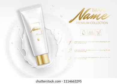 Diseñar la publicidad de productos cosméticos para el catálogo, revista. Montaje del paquete cosmético. Crema hidratante, gel, loción corporal de leche con leche. Leche salpicada