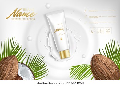 Design cosmetics product advertising for catalog, magazine. Mock up of cosmetic package. Moisturizing cream, gel, milk body lotion with coconut oil or milk.