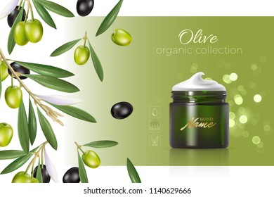 Design cosmetics product advertising for catalog, magazine. Mock up of cosmetic package. Moisturizing cream, gel, milk body lotion with olive oil.