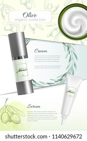 Design cosmetics product advertising for catalog, magazine. Mock up of cosmetic package. Moisturizing cream, gel, milk body lotion with olive oil.