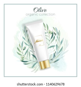 Design cosmetics product advertising for catalog, magazine. Mock up of cosmetic package. Moisturizing cream, gel, milk body lotion with olive oil.