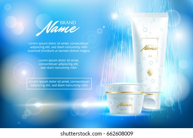 Design cosmetics product advertising for catalog, magazine.Vector design of cosmetic package. Moisturizing cream, gel, body lotion with vitamins. Vector illustration with isolated objects
