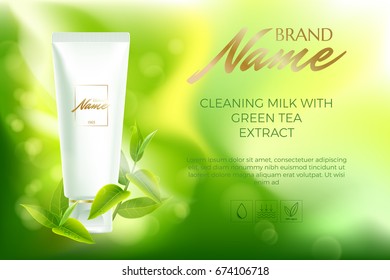 Design cosmetics product advertising for catalog, magazine. Vector design of cosmetic package.Moisturizing cream, gel, body lotion with green tea extract . Vector illustration with isolated objects