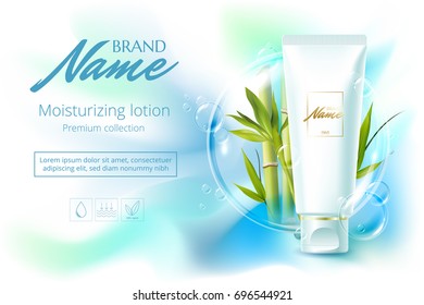 Design cosmetics product advertising for catalog, magazine. Vector design of cosmetic package.Moisturizing cream, gel, body lotion with bamboo. Vector illustration with isolated objects