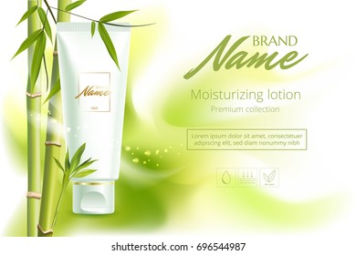 Design cosmetics product advertising for catalog, magazine. Vector design of cosmetic package.Moisturizing cream, gel, body lotion with bamboo. Vector illustration with isolated objects