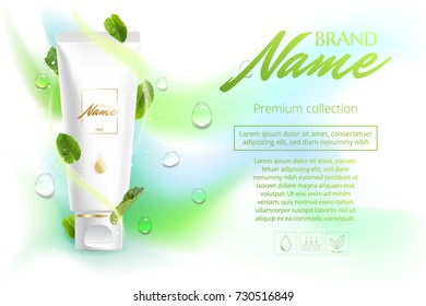 Design cosmetics product advertising for catalog, magazine. Advertising poster cosmetics shampoo, lotion, shower gel with extract or mint flavor. 