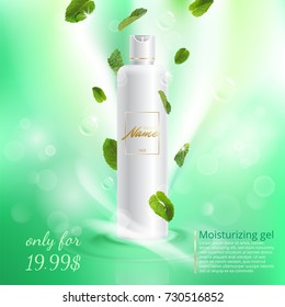 Design cosmetics product advertising for catalog, magazine. Advertising poster cosmetics shampoo, lotion, shower gel with extract or mint flavor.