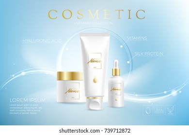 Design cosmetics product advertising for catalog, magazine.  Vector design of cosmetic package. Moisturizing cream, gel, body lotion with vitamins. Vector illustration with isolated objects