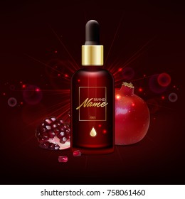 Design cosmetics product advertising for catalog, magazine. Vector design of cosmetic package. Anti-age serum, cream with pomegranate extract. Vector illustration with isolated objects