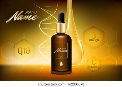 Design cosmetics product advertising for catalog, magazine.Design of cosmetic package. Natural oil with vitamins or hyaluronic acid. Vector illustration with isolated objects