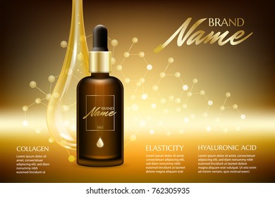 Design cosmetics product advertising for catalog, magazine.Vector design of cosmetic package. Natural oil with vitamins or hyaluronic acid. Vector illustration with isolated objects