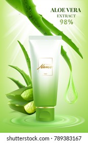 Design cosmetics product advertising for catalog, magazine. Vector design of cosmetic package.Moisturizing cream, gel, body lotion with aloe vera extract . Vector illustration with isolated objects