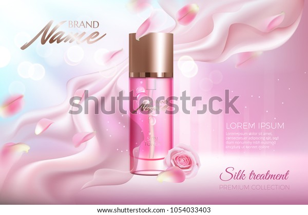 Design\
cosmetics product advertising for catalog, magazine. Vector design\
of cosmetic package. Perfume advertising poster.Moisturizing toner,\
cream, gel, body lotion with rose extract\
.