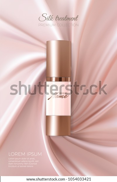Design cosmetics product advertising for catalog,
magazine.. Vector design of cosmetic package. Advertising of tonal
cream, concealer, base. Nutritious cream, gel, body lotion with
protein of silk.