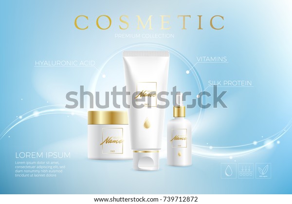 Design cosmetics product advertising for catalog,\
magazine.  Vector design of cosmetic package. Moisturizing cream,\
gel, body lotion with vitamins. Vector illustration with isolated\
objects