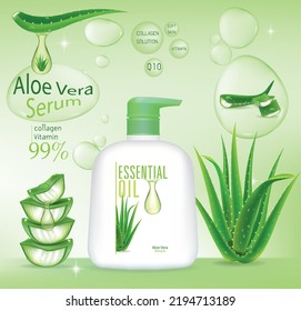 Diseñar productos cosméticos publicitando paquete cosmético.shampoo, crema, gel, loción corporal con extracto de aloe vera.