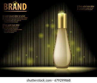 Design cosmetics product advertising on dark background with blure, sparkling effect. Essence contained, ads, gold glass bottle template. 3d Vector illustration for cream, essence, perfume, lotion.