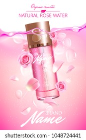 Design cosmetics product advertising with rose for catalog, magazine. Vector design of cosmetic package. Perfume advertising poster.Moisturizing toner, cream, gel, body lotion with rose extract .