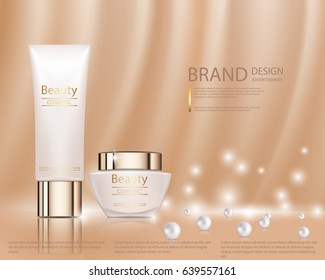 Design cosmetics product advertising. Vector 3D cosmetic illustration for the promotion of foundation premium product. Makeup in glass bottle and tube on a soft beige background. Cosmetic products ads