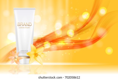 Design Cosmetics Product Bottle with Flowers Golden Lily Template for Ads, Announcement Sale, Promotion New Product or Magazine Background. 3D Realistic Vector Iillustration. EPS10