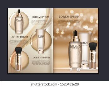 Design Cosmetics Product  Brochure Template For Ads Or Magazine Background. 3D Realistic Vector Iillustration. EPS10