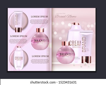 Design Cosmetics Product  Brochure Template for Ads or Magazine Background. 3D Realistic Vector Iillustration. EPS10