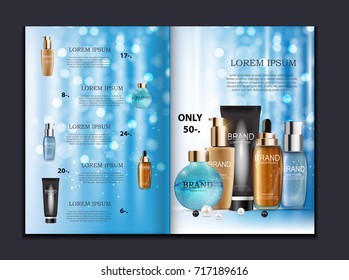 Design Cosmetics Product  Brochure Template For Ads Or Magazine Background. 3D Realistic Vector Iillustration. EPS10