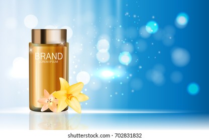 Design Cosmetics Product  with Flowers Golden Liy Template for Ads or Magazine Background. 3D Realistic Vector Iillustration. EPS10