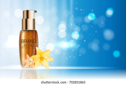 Design Cosmetics Product  with Flowers Golden Liy Template for Ads or Magazine Background. 3D Realistic Vector Iillustration. EPS10