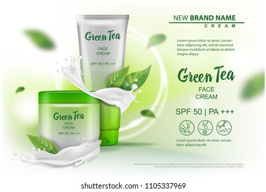 Design cosmetics product with green tea extract advertising for catalog, magazine. Vector Mock up of cosmetic package. cream, gel, body lotion