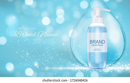 Design Cosmetics Product  Template for Ads or Magazine Background. Antibacterial Gel, Soap Bottle 3D Realistic Vector Illustration EPS10