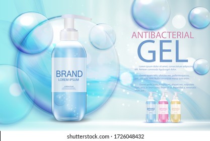 Design Cosmetics Product  Template for Ads or Magazine Background. Antibacterial Gel, Soap Bottle 3D Realistic Vector Illustration EPS10