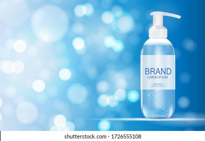 Design Cosmetics Product  Template for Ads or Magazine Background. Antibacterial Gel, Soap Bottle 3D Realistic Vector Illustration EPS10