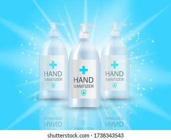 Design Cosmetics Product  Template for Ads or Magazine Background. Antibacterial Gel, Hand Sanitizer 3D Realistic Vector Illustration EPS10