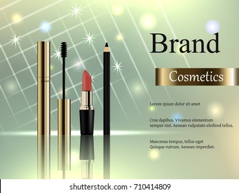 Design of cosmetics, a set of gold mascara with a brush, a pink lipstick, an eyeliner on a light background with bright rays and stars. Advertisement, banner, 3d vector realistic