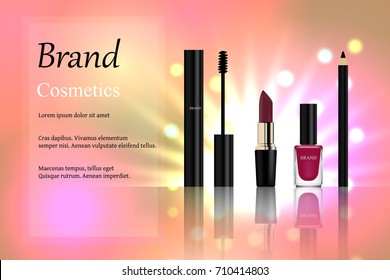 Design of cosmetics, a set of mascara with a golden cap, pink lipstick lipstick, eyeliner and nail polish on a light background with bright highlights. Advertisement, banner, 3d vector realistic