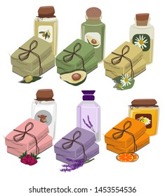Design for cosmetics, shop, natural soap.  Cosmetics, perfumes and medicinal plants, essential oil, handmade soap. Set of icons. Vector illustration on white background.