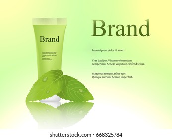 The design of cosmetics, skin cream, light, fresh green background with mint leaves. Advertising, brand, banner. 3D vector realistic