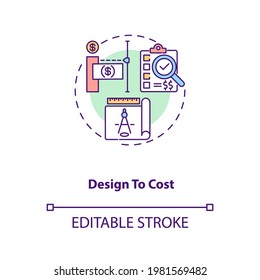 Design to cost Concept Icon. Kostenreduzierungsstrategie Idee dünne Linie Illustration. Service-Optimierung. Erhöhen Sie die Produktqualität. Vektorgrafik einzeln Umriss RGB Farbzeichnung. Bearbeitbarer Hub