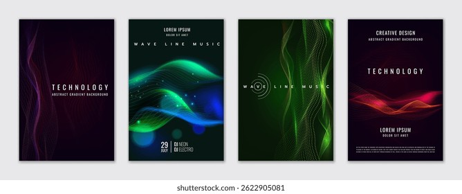 Diseño de fondo de la cubierta. Puntos azules de la tecnología en el cartel. Partículas de flujo de red. Conexión neuronal 3D ondulada cibernética. Abstractas volante. Líneas degradadas. Tecnología de ecualizador de música. Conjunto de Anuncios corporativos de diseño de Vector
